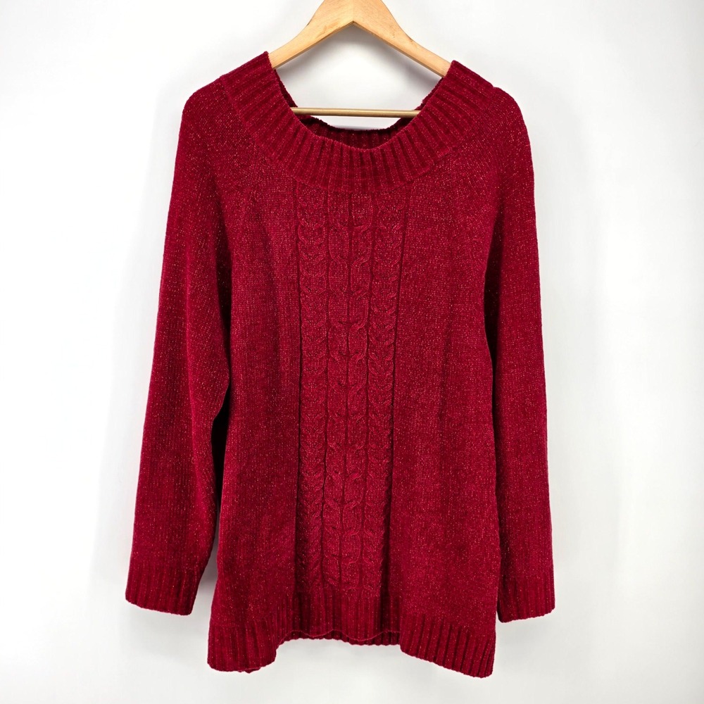 White Stag Sweater Womens 18W/20W Red Metallic Chenille Cable Knit Holiday